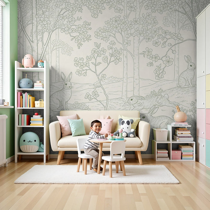 Papel de parede para quarto de bebé | Coelhinhos brincalhões numa floresta florida