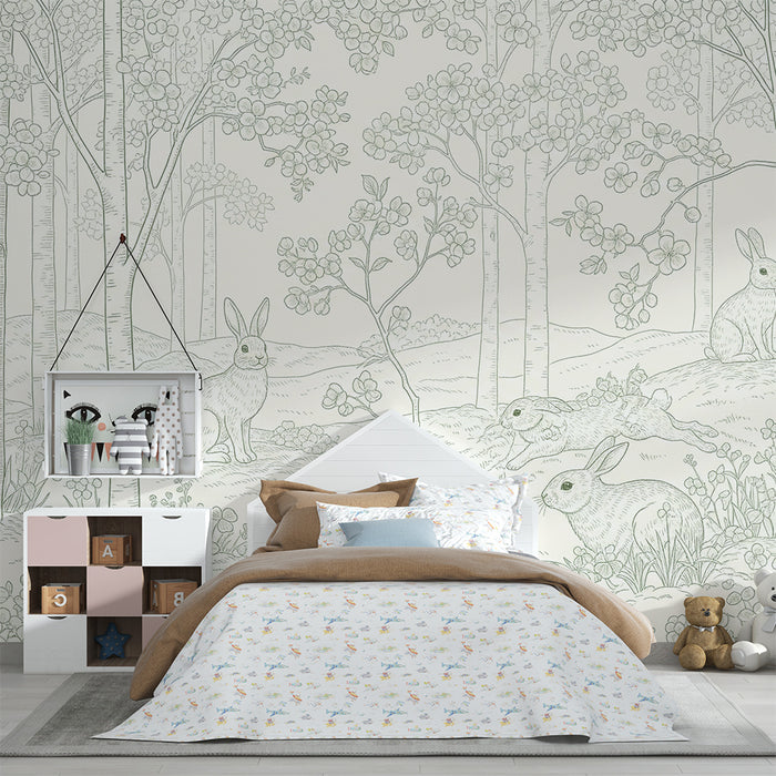 Papel de parede para quarto de bebé | Coelhinhos brincalhões numa floresta florida