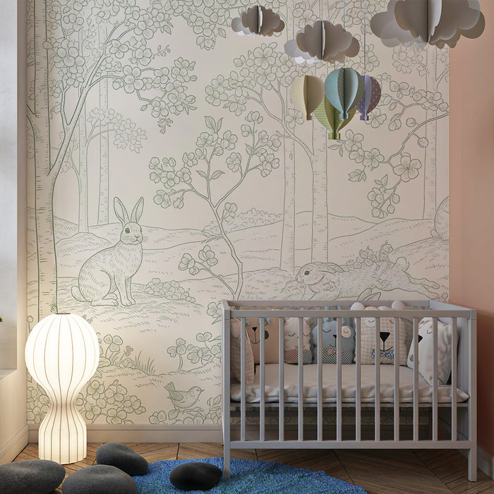 Papel de parede para quarto de bebé | Coelhinhos brincalhões numa floresta florida