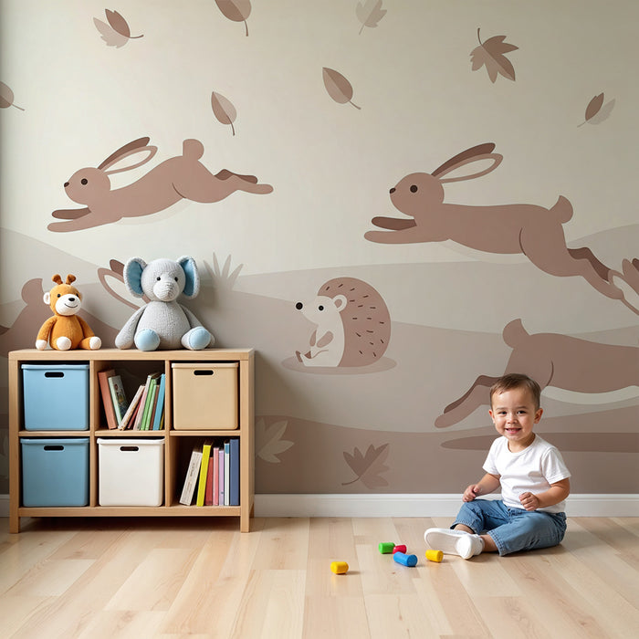 Lastenhuoneen tapetti | Vilkkaat puput ja siili syksyisessä maisemassa