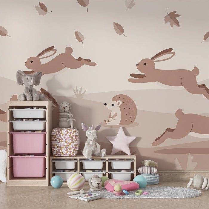 Lastenhuoneen tapetti | Vilkkaat puput ja siili syksyisessä maisemassa