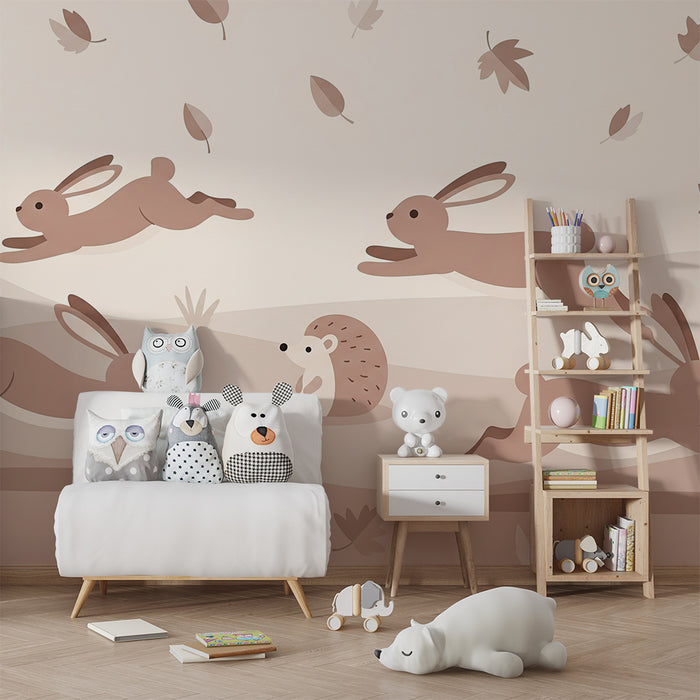 Lastenhuoneen tapetti | Vilkkaat puput ja siili syksyisessä maisemassa