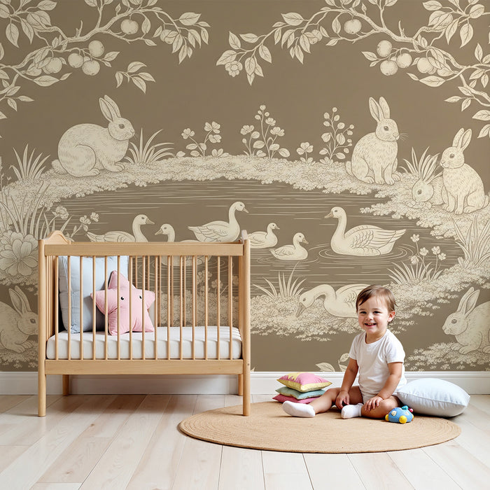 Papel de parede para quarto de bebé | Coelhos e patos junto a um lago tranquilo