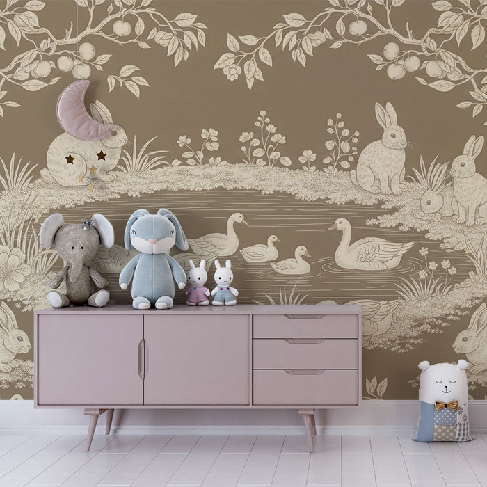 Papel de parede para quarto de bebé | Coelhos e patos junto a um lago tranquilo