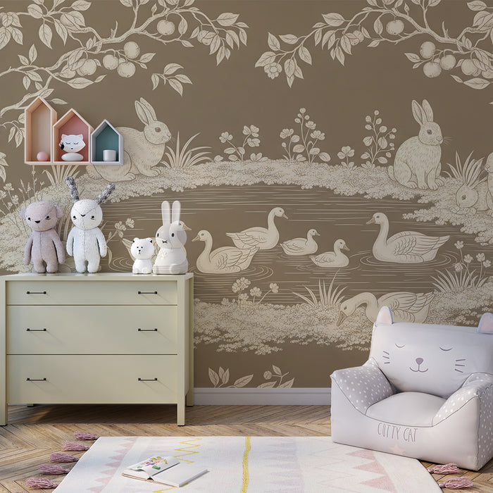 Papel de parede para quarto de bebé | Coelhos e patos junto a um lago tranquilo