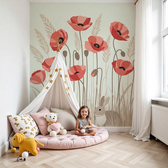 Babykamer behang | Konijnen en klaprozen in een bloeiend veld