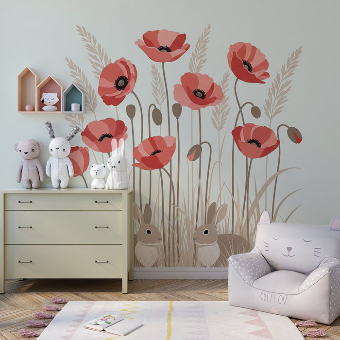 Babykamer behang | Konijnen en klaprozen in een bloeiend veld