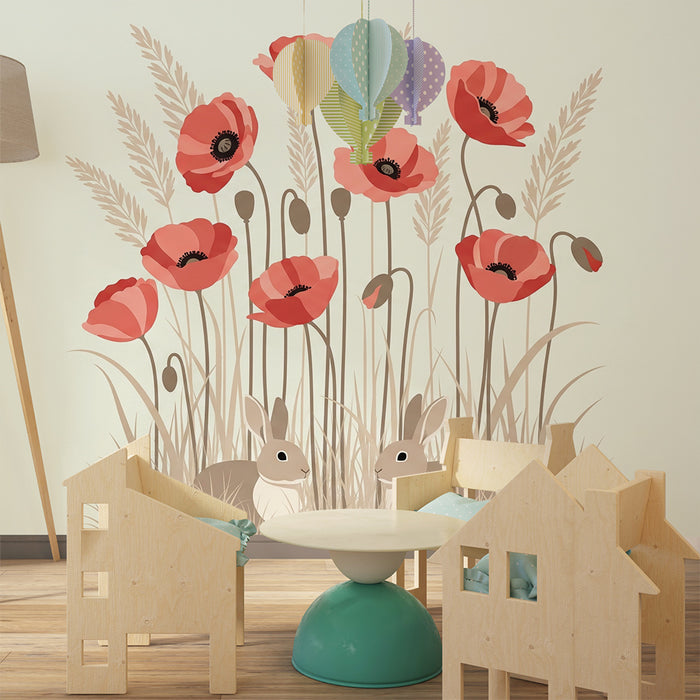 Babykamer behang | Konijnen en klaprozen in een bloeiend veld