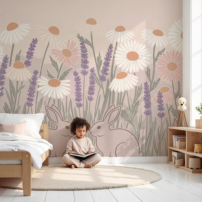 Barntapet | Kaniner och blommor i en pastellfärgad äng