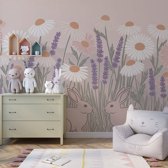 Barntapet | Kaniner och blommor i en pastellfärgad äng