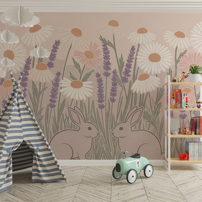Barntapet | Kaniner och blommor i en pastellfärgad äng