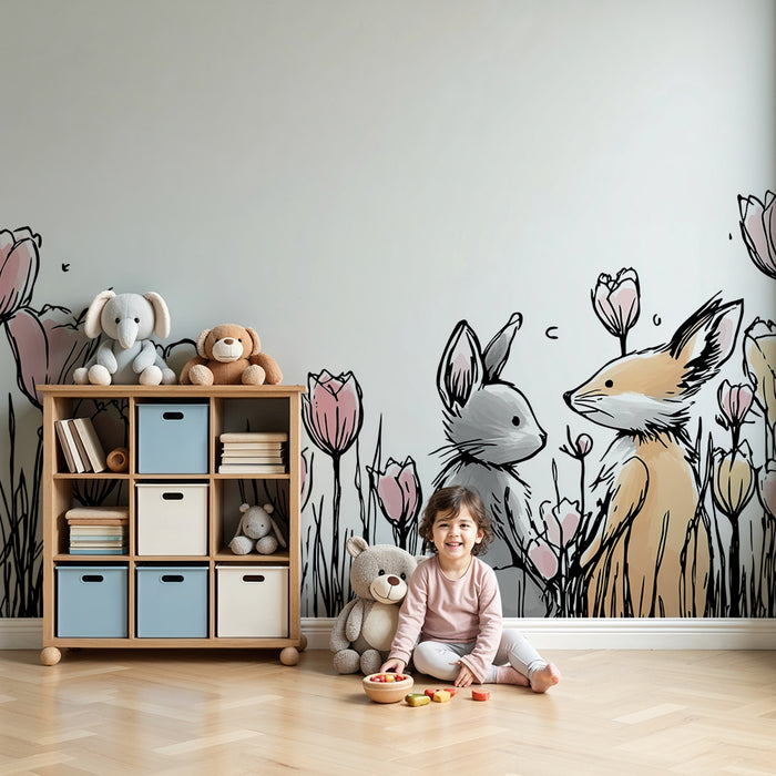 Papier peint chambre bébé | Lapins et fleurs délicates dans un jardin enchanté