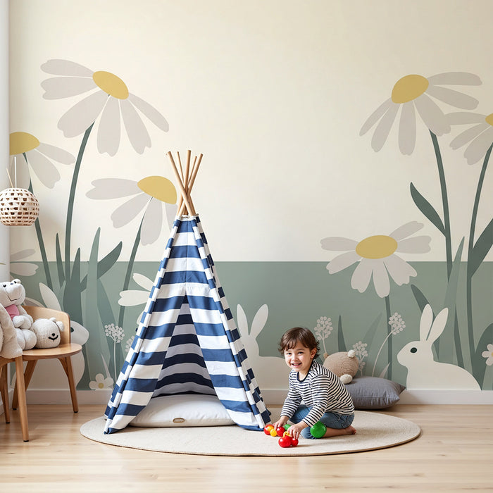 Papel de parede quarto bebê | Coelhos e flores do campo em um ambiente tranquilo