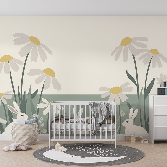 Papel de parede quarto bebê | Coelhos e flores do campo em um ambiente tranquilo