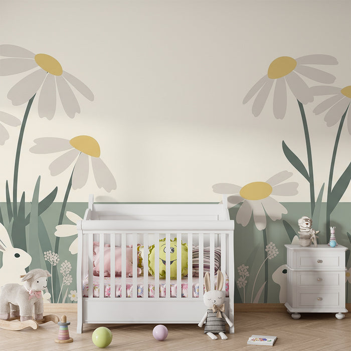 Papel de parede quarto bebê | Coelhos e flores do campo em um ambiente tranquilo