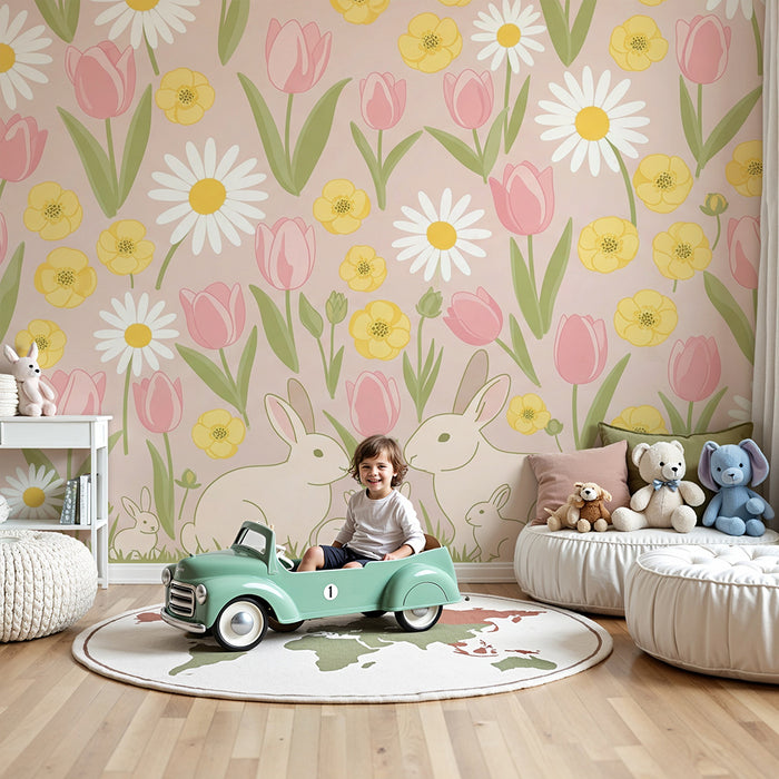 Babykamer behang | Konijnen en lentebloemen