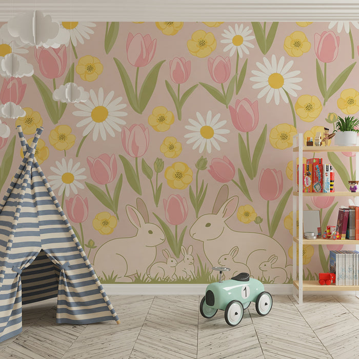 Babykamer behang | Konijnen en lentebloemen