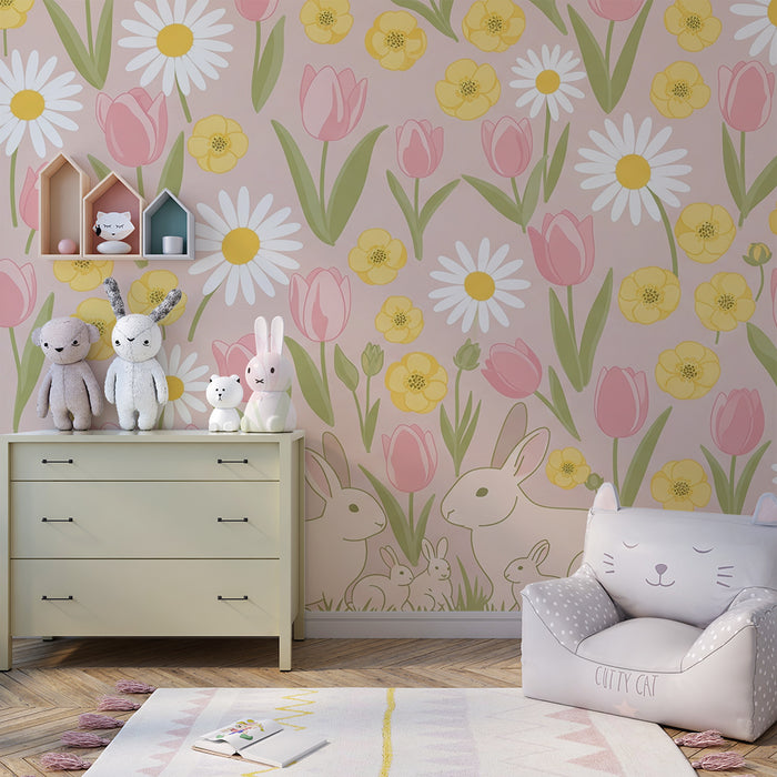 Babykamer behang | Konijnen en lentebloemen
