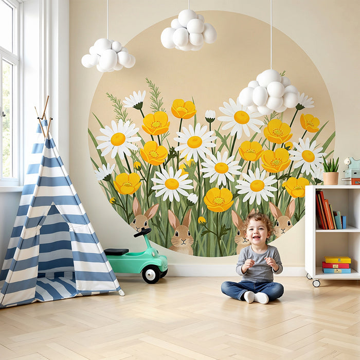 Lastenhuoneen tapetti | Jäniksiä ja villikukkia keväisessä ympäristössä