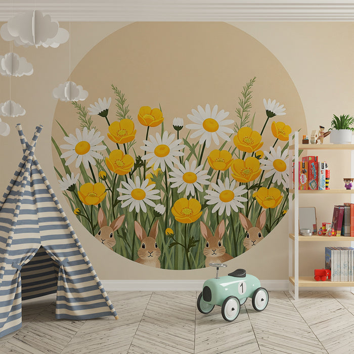 Lastenhuoneen tapetti | Jäniksiä ja villikukkia keväisessä ympäristössä