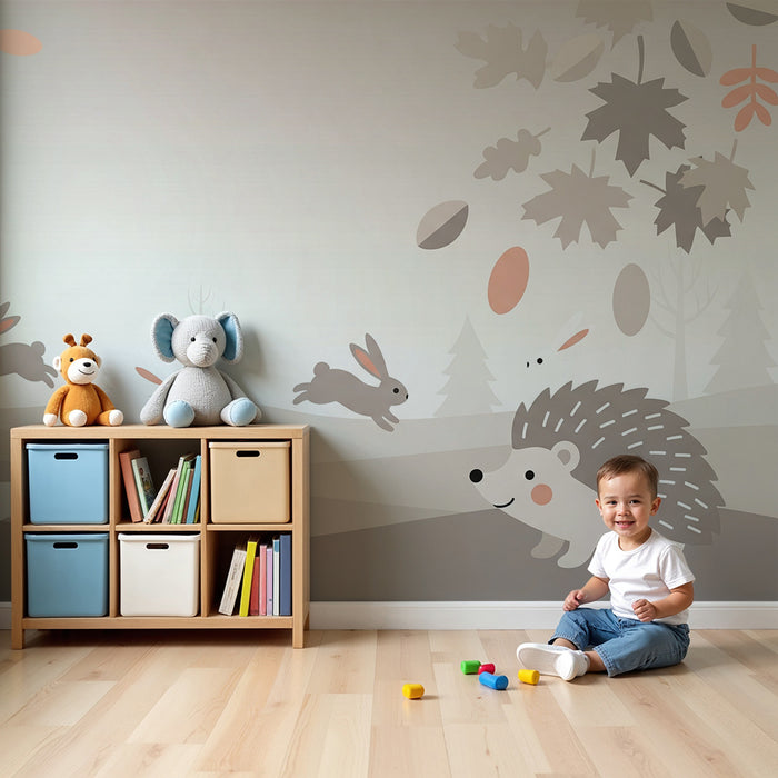 Papier peint chambre bébé | Lapins et hérisson dans un paysage automnal doux