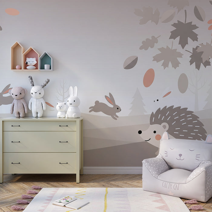 Papier peint chambre bébé | Lapins et hérisson dans un paysage automnal doux