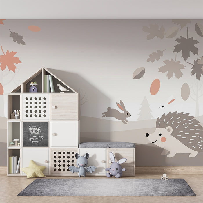 Papier peint chambre bébé | Lapins et hérisson dans un paysage automnal doux