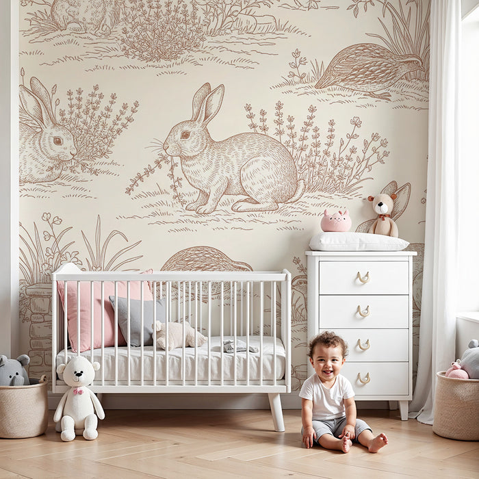Baby nursery wallpaper | Rabbits and partridges in a flower-filled garden
