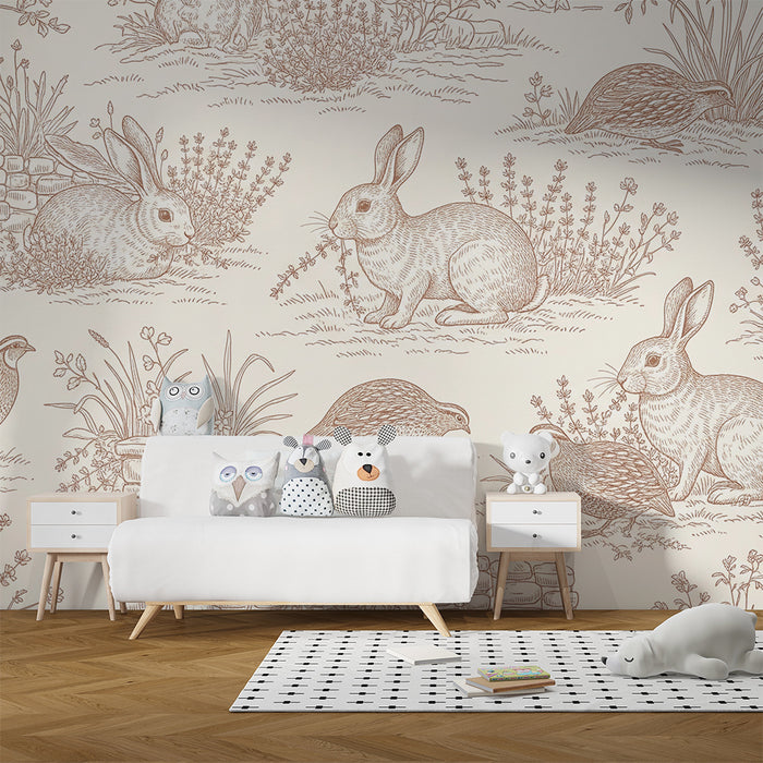 Baby nursery wallpaper | Rabbits and partridges in a flower-filled garden