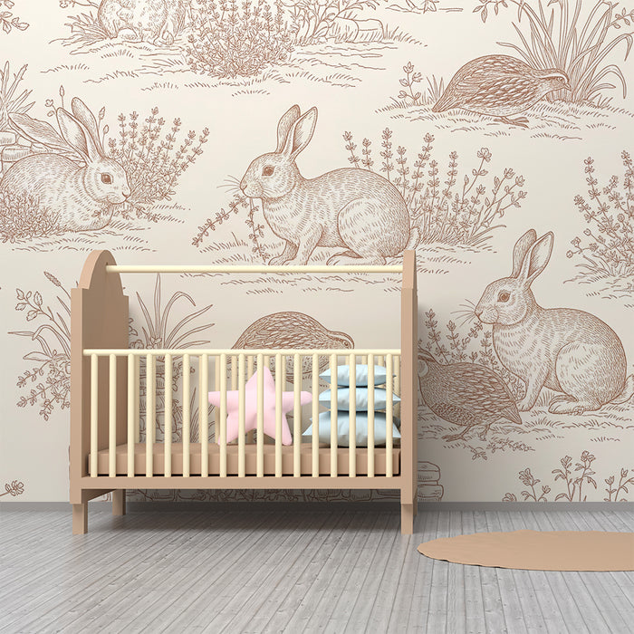 Baby nursery wallpaper | Rabbits and partridges in a flower-filled garden
