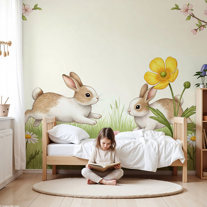 Papier peint chambre bébé | Lapins joueurs dans un jardin fleuri