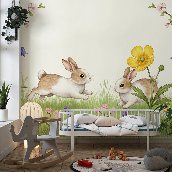 Papier peint chambre bébé | Lapins joueurs dans un jardin fleuri
