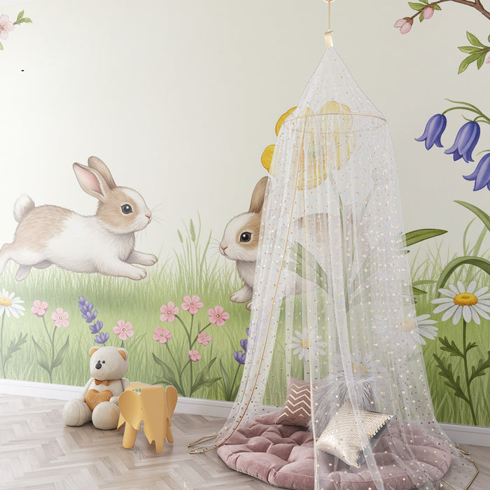 Papier peint chambre bébé | Lapins joueurs dans un jardin fleuri