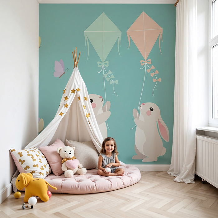 Papier peint chambre bébé | Lapins joyeux et cerfs-volants colorés