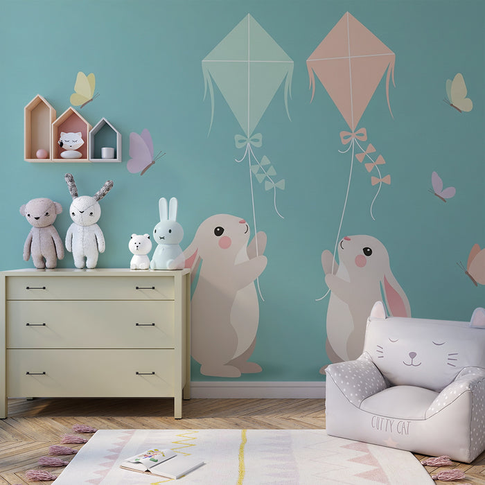 Papier peint chambre bébé | Lapins joyeux et cerfs-volants colorés