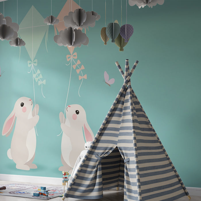 Papier peint chambre bébé | Lapins joyeux et cerfs-volants colorés