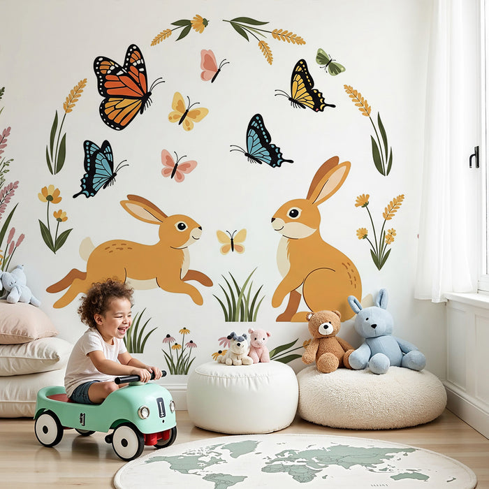 Barntapet | Glada kaniner och fjärilar i en blomstrande trädgård