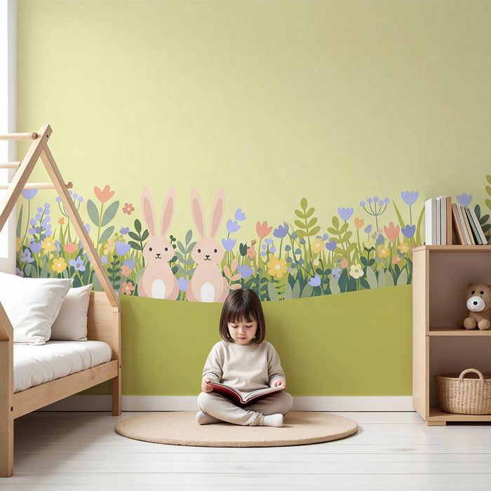 Babykamer behang | Schattige konijntjes te midden van kleurrijke bloemen