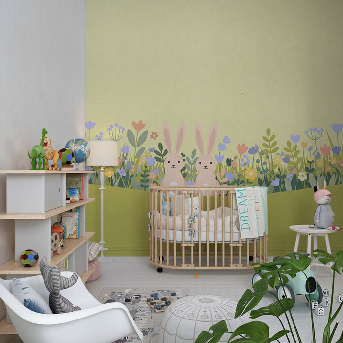 Babykamer behang | Schattige konijntjes te midden van kleurrijke bloemen