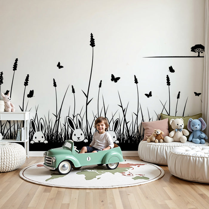 Papel pintado infantil | Conejitos lindos en un campo de flores