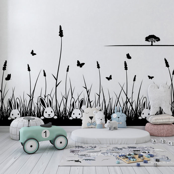 Papel pintado infantil | Conejitos lindos en un campo de flores