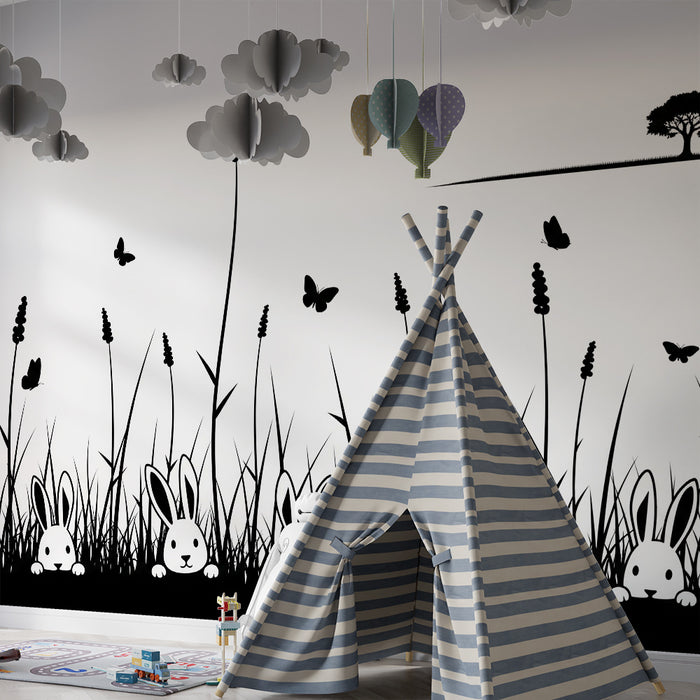 Papel pintado infantil | Conejitos lindos en un campo de flores