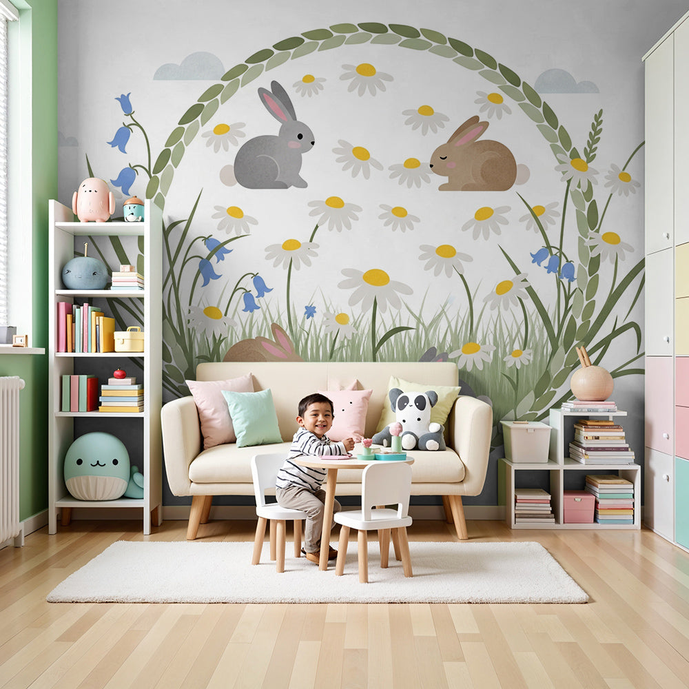 Papier peint chambre bébé | Lapins mignons dans un champ de fleurs sau —  Kids Wall, image size:1000x1000