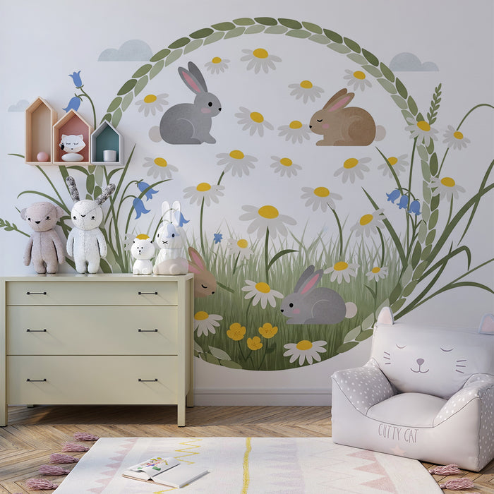 Lastenhuoneen tapetti | Söpöt puput villikukkaniityllä