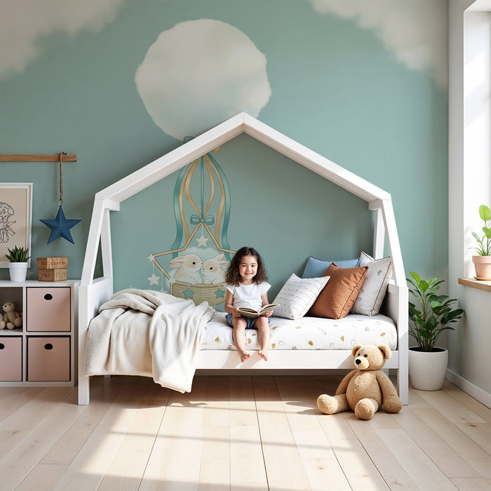 Babyzimmer Tapete | Niedliche Hasen unter Sternenhimmel