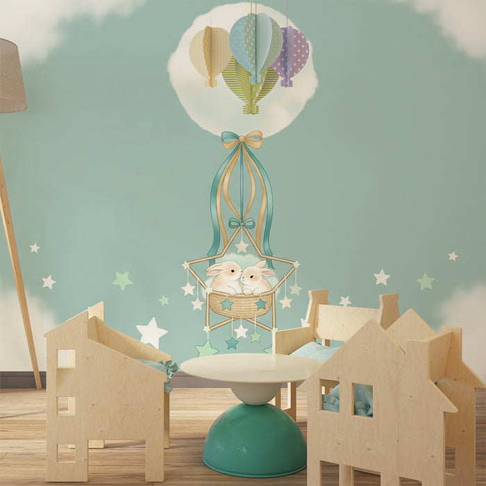 Babyzimmer Tapete | Niedliche Hasen unter Sternenhimmel