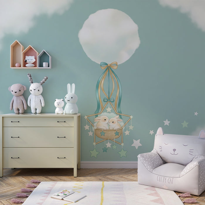 Babyzimmer Tapete | Niedliche Hasen unter Sternenhimmel