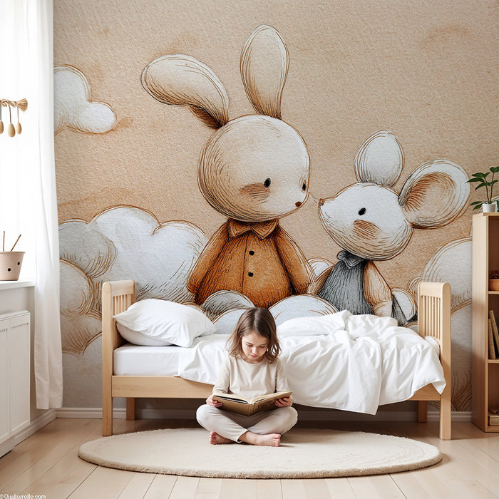 Nursery room wallpaper | Cute rabbits in a cloudy sky