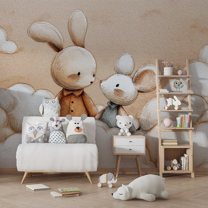 Nursery room wallpaper | Cute rabbits in a cloudy sky
