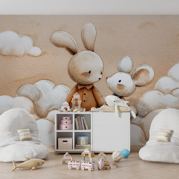 Nursery room wallpaper | Cute rabbits in a cloudy sky